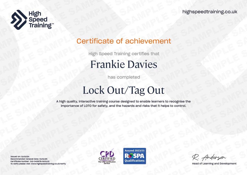Sample Lock Out/Tag Out Certificate